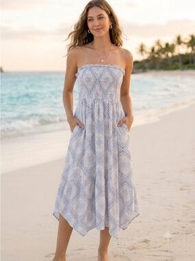 Hollister Blue and Cream Smocked Strapless Maxi Dress Summer Beach